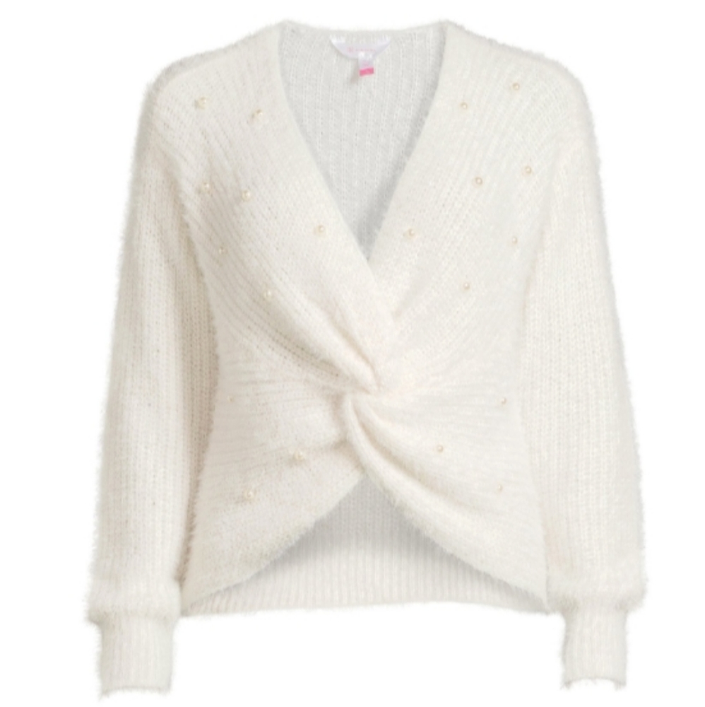 New Women's Ivory White Twist Front Sweater with Faux Pearl - Picture 4 of 7